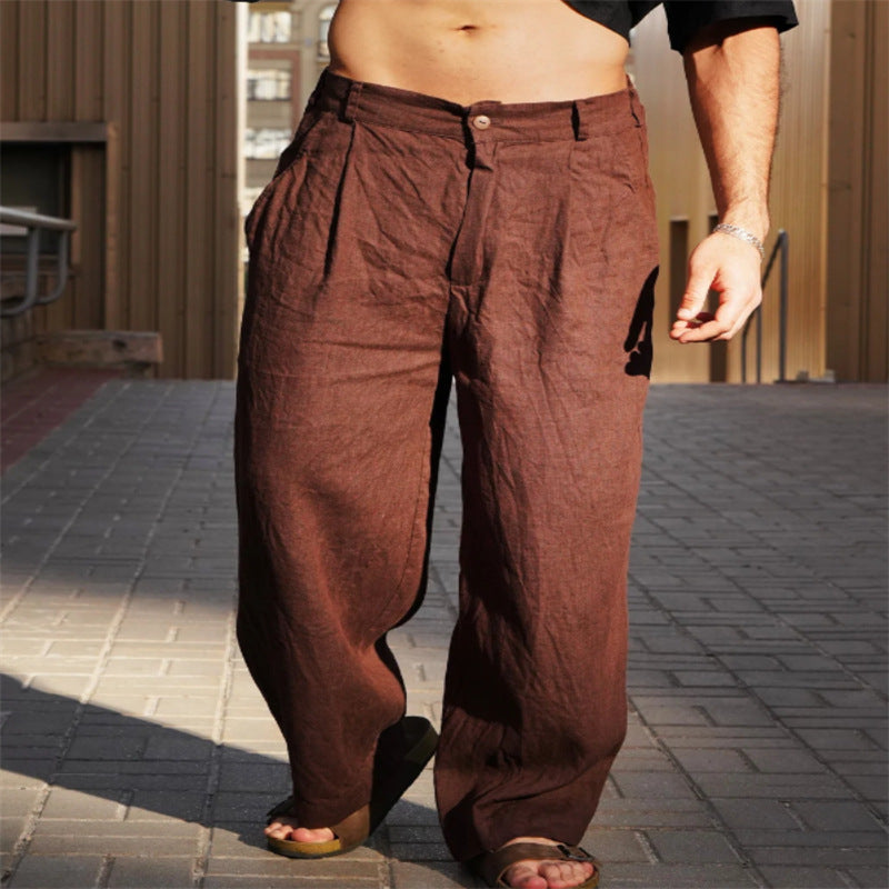 Men's Spring And Summer Linen Pleated Wide-leg Pants Mid-waist Breathable
