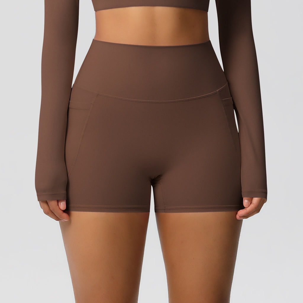 Brushed Solid Color Pocket High Waist Tight High Elastic Yoga Shorts
