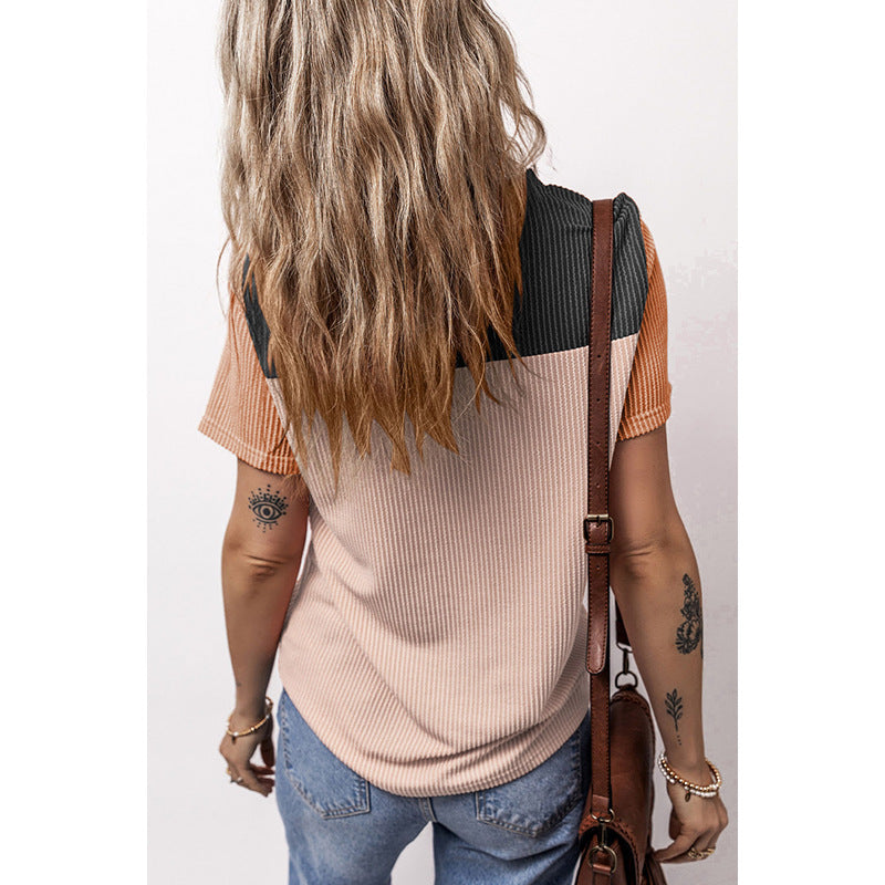 Color Matching Rib Short-sleeved T-shirt Round Neck Three-quarter Sleeve Top