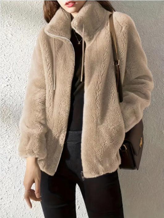 Drawstring Teddy Coat Casual Zip Up Long Sleeve Warm Outerwear Women's Clothing