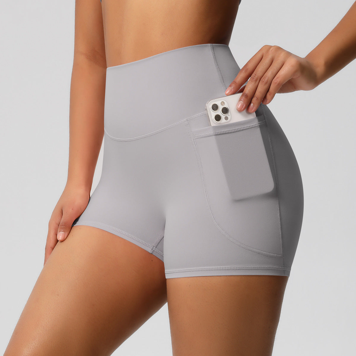 Brushed Solid Color Pocket High Waist Tight High Elastic Yoga Shorts