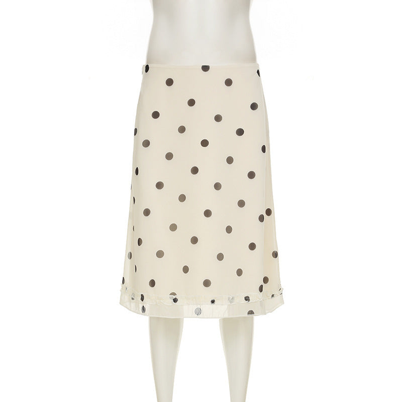 Women's French-style Color Matching Polka Dot Side Zipper Pleated Hip Skirt