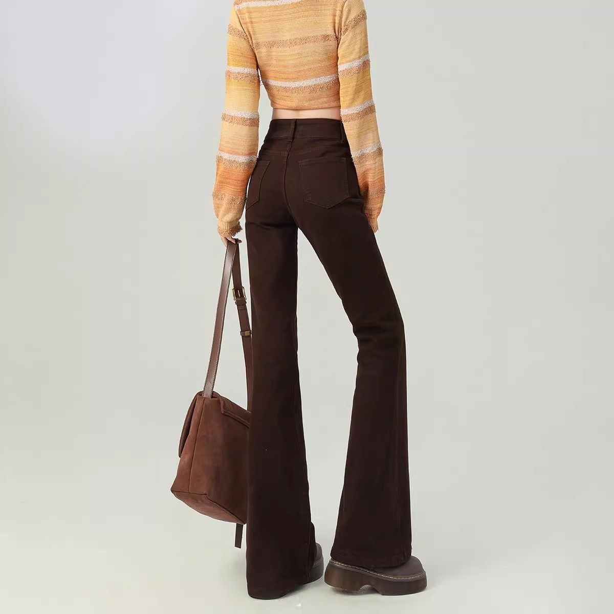 Brown High-waisted Slimming Maillard Flared Pants For Petite