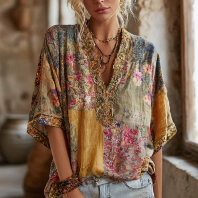 Flower Vintage Tie-dye V-neck Short-sleeve Shirt