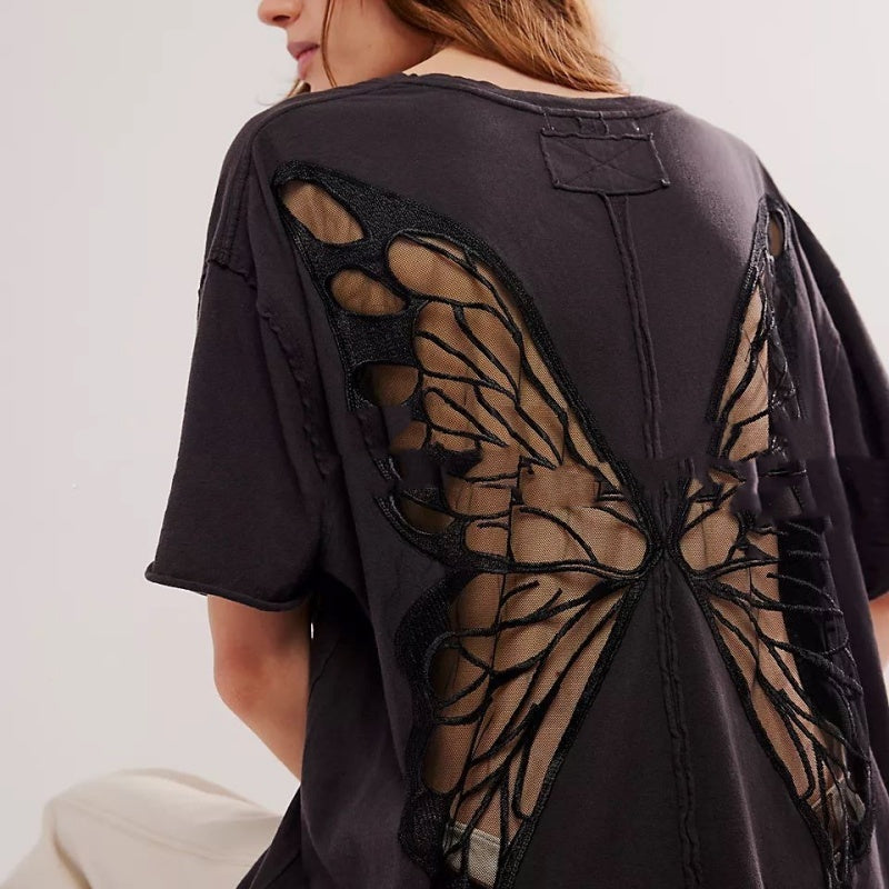 Street Hollow Butterfly Hot Girly Style Ins Loose Short Round Neck T-shirt