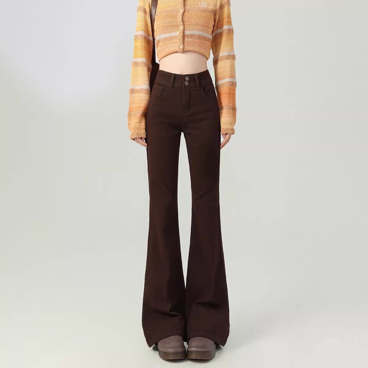 Brown High-waisted Slimming Maillard Flared Pants For Petite