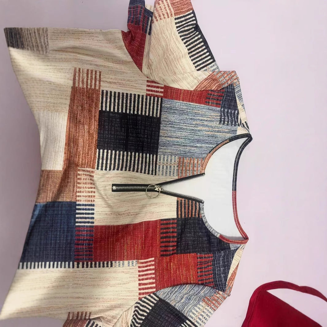 Fashion Casual All-match Square Pattern Short Sleeve