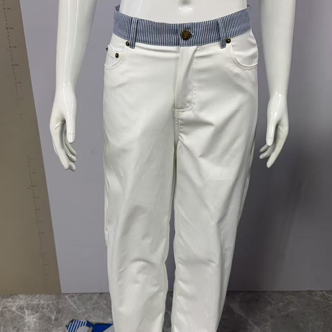 Contrast Color Letter Ribbon Decorative Straight Stitching Jeans