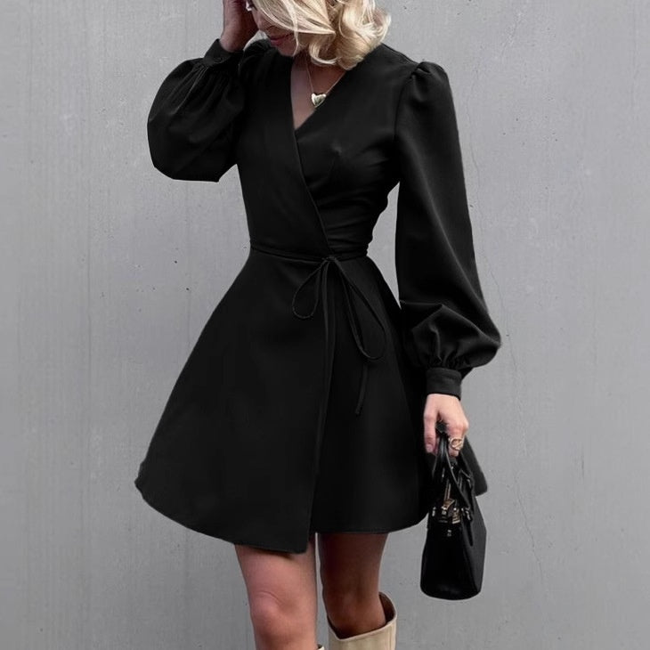 Women's Elegant Simple V-neck Slim Tie-waist Dress