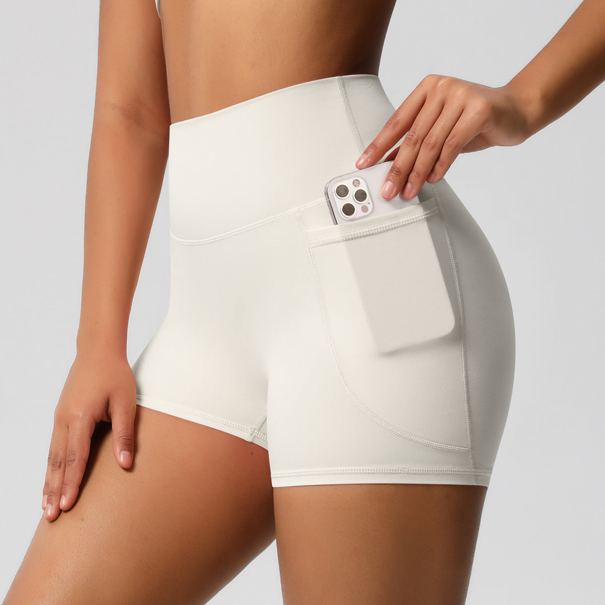 Brushed Solid Color Pocket High Waist Tight High Elastic Yoga Shorts
