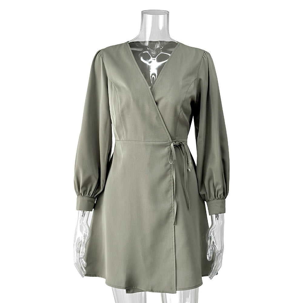 Women's Elegant Simple V-neck Slim Tie-waist Dress