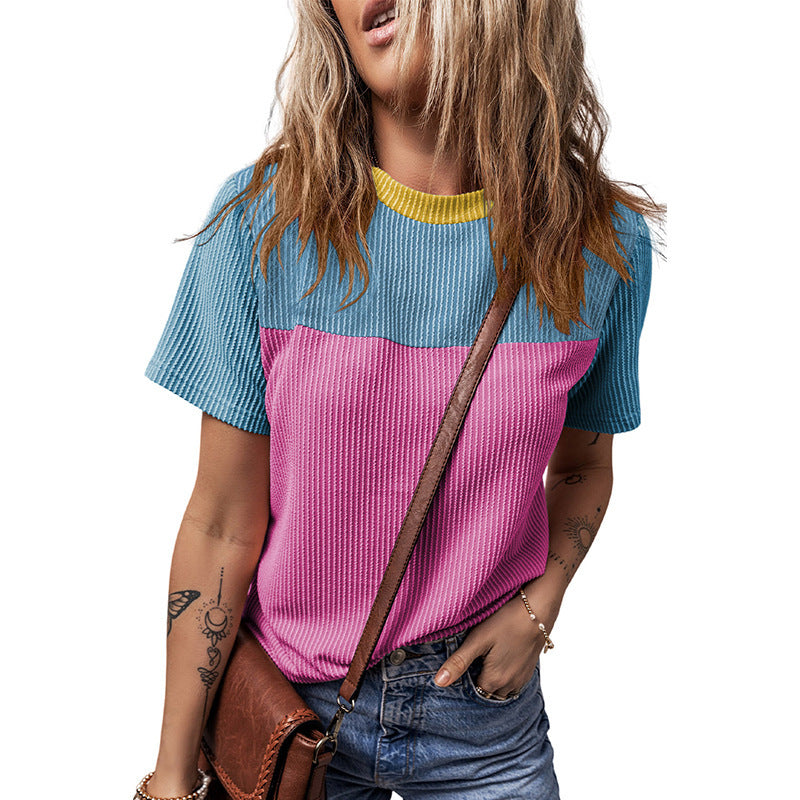Color Matching Rib Short-sleeved T-shirt Round Neck Three-quarter Sleeve Top