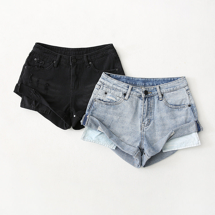 Flanging Low Waist One Button Casual Denim Shorts