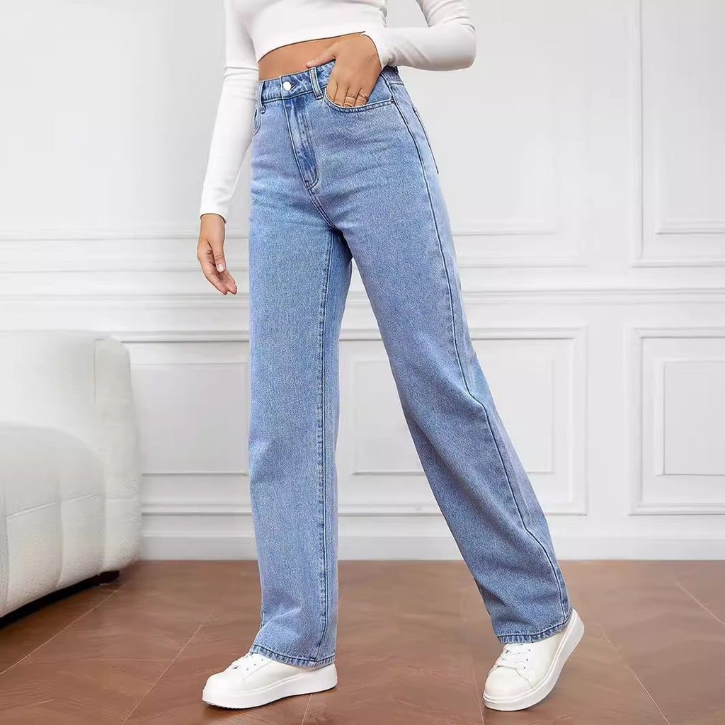 Washed Fashion Straight Jeans Women's Mid Waist