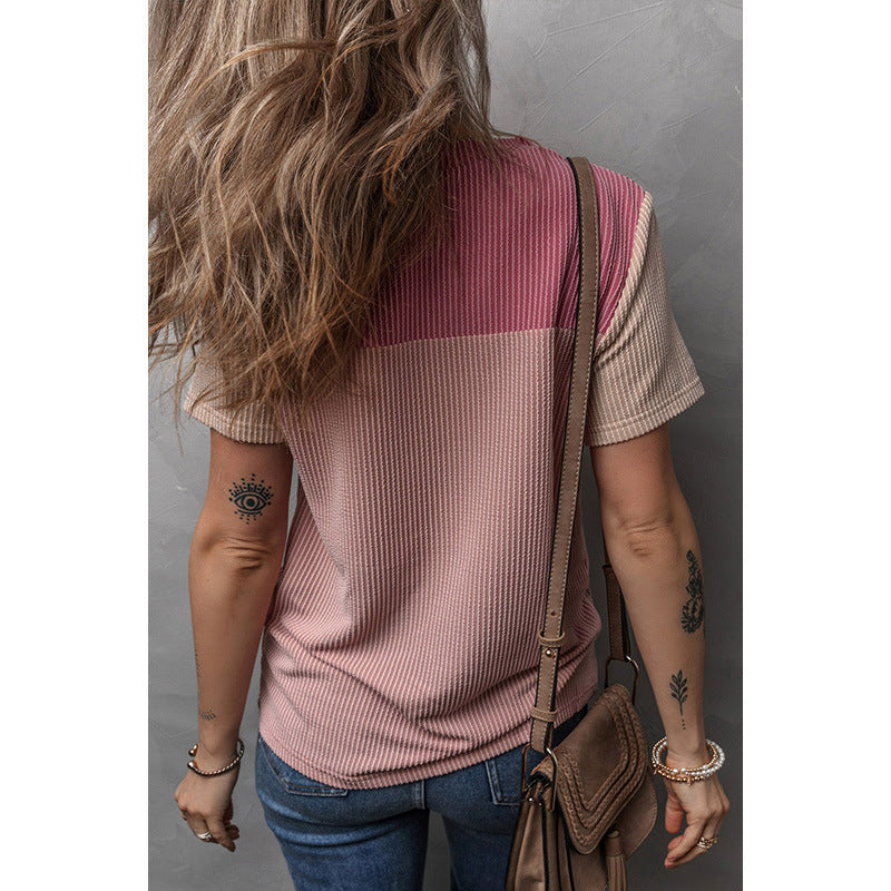Color Matching Rib Short-sleeved T-shirt Round Neck Three-quarter Sleeve Top