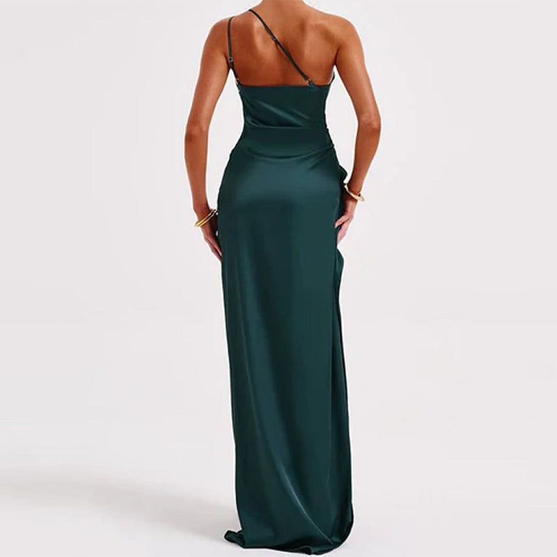 Summer New European And American Satin Slant Shoulder Will Not Be Like Slit Design Sexy Dress