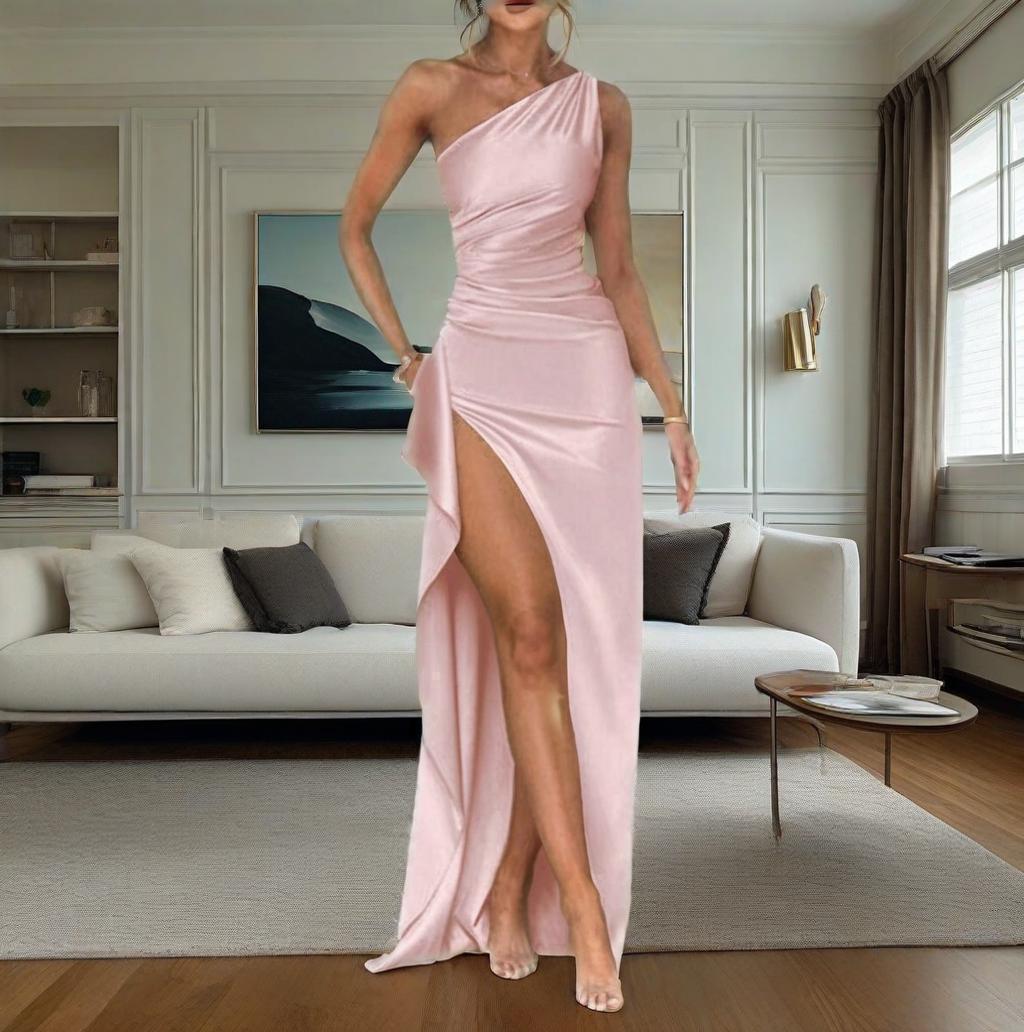 Summer New European And American Satin Slant Shoulder Will Not Be Like Slit Design Sexy Dress