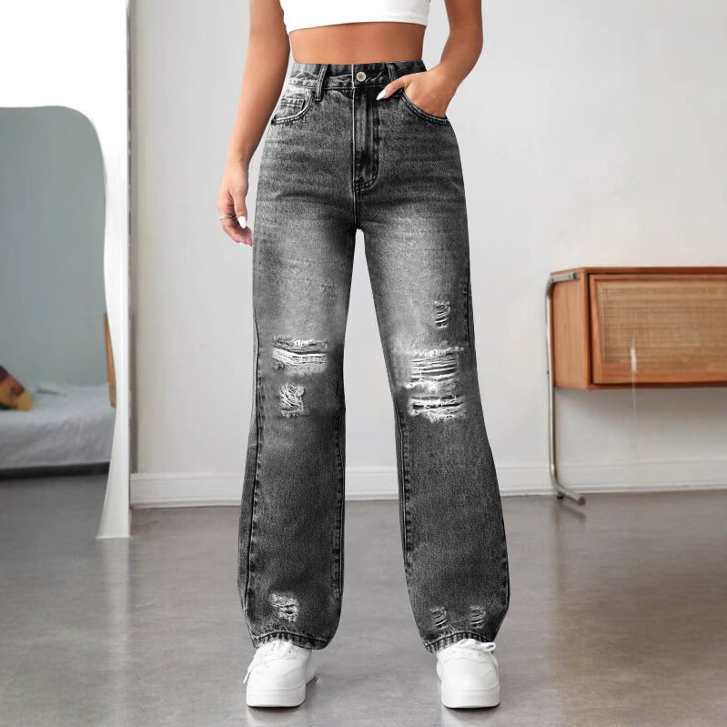Ripped Straight Denim Women's Loose Trousers