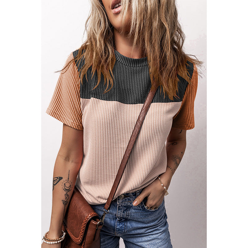 Color Matching Rib Short-sleeved T-shirt Round Neck Three-quarter Sleeve Top