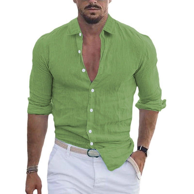 Men's Cotton And Linen Lapel Long Sleeve Solid Color Shirt
