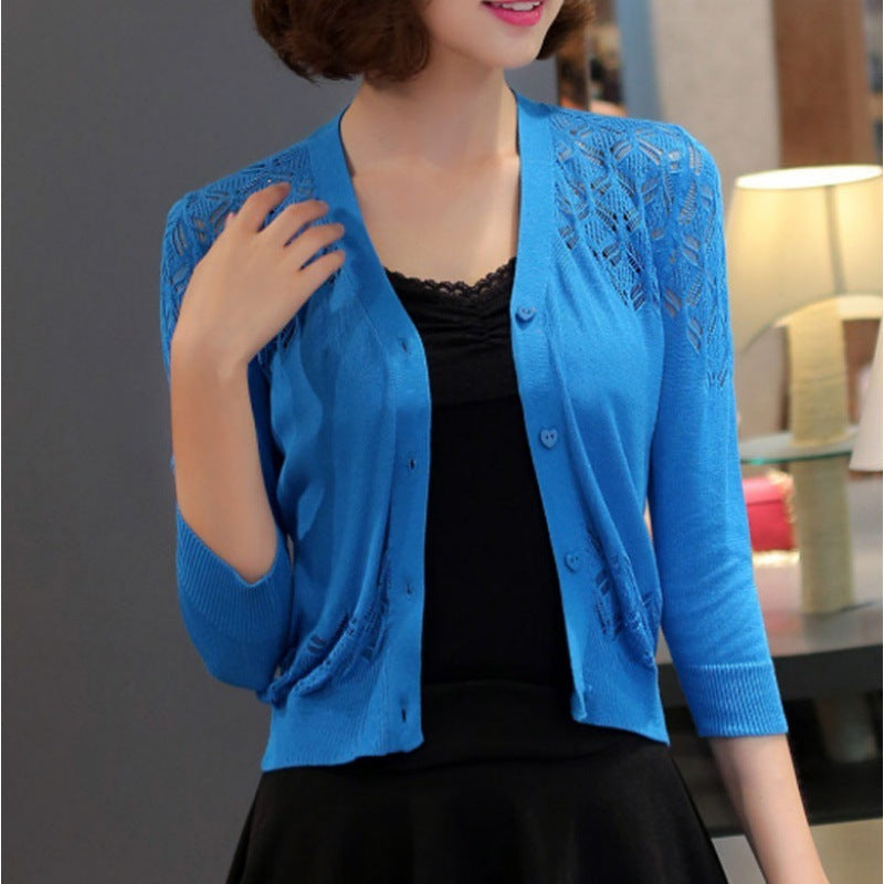 V-neck Short Outer Wear Cardigan Hollow-out Knitted Coat
