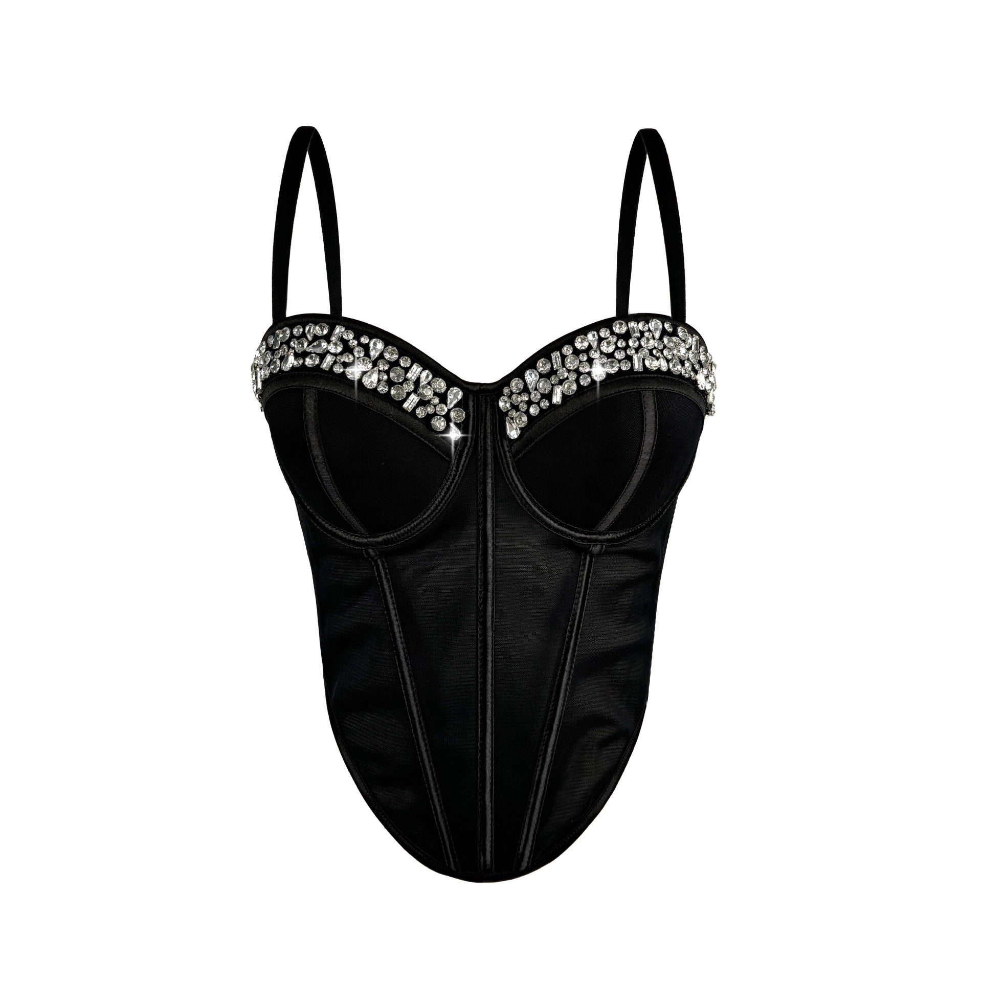 New Rhinestone Mesh Corset Fishbone Waist Sexy Backless Suspender