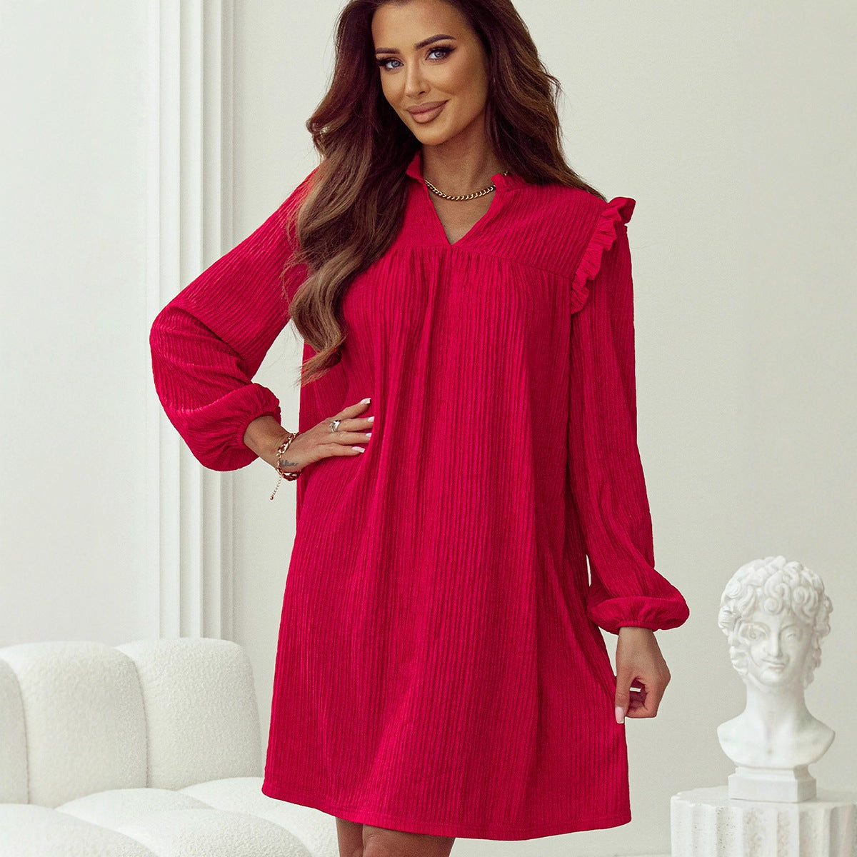 European And American Fashion Ruffled V-neck Long Sleeve Dress For Women