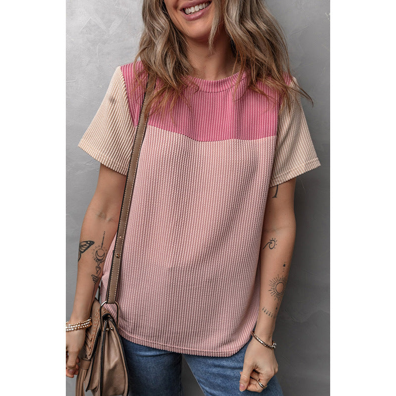 Color Matching Rib Short-sleeved T-shirt Round Neck Three-quarter Sleeve Top