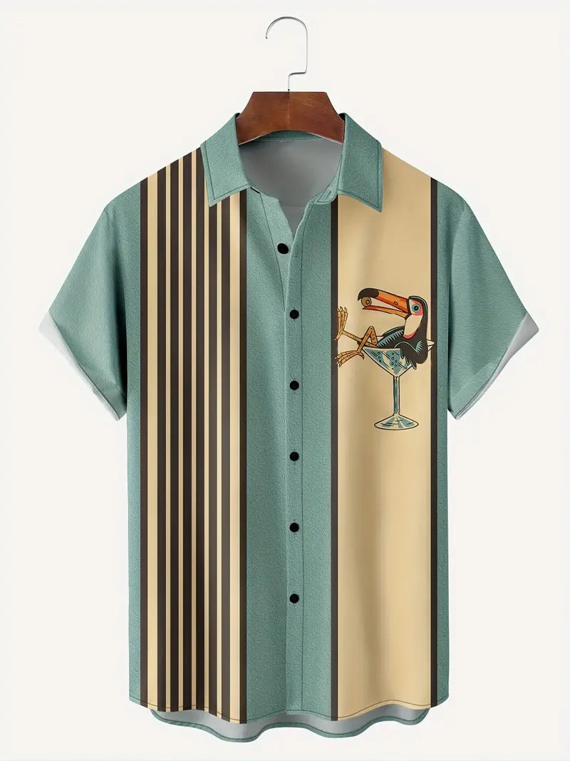 Hawaiian Shirt Striped Pattern Buckle Short Sleeve Men