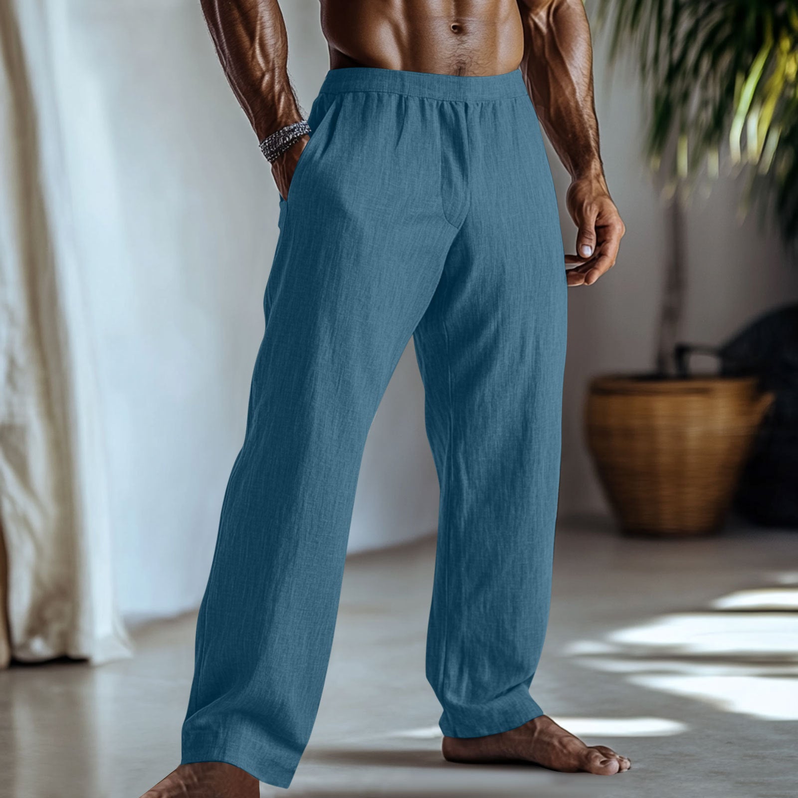 Cotton And Linen Solid Color Casual Trousers With Pockets