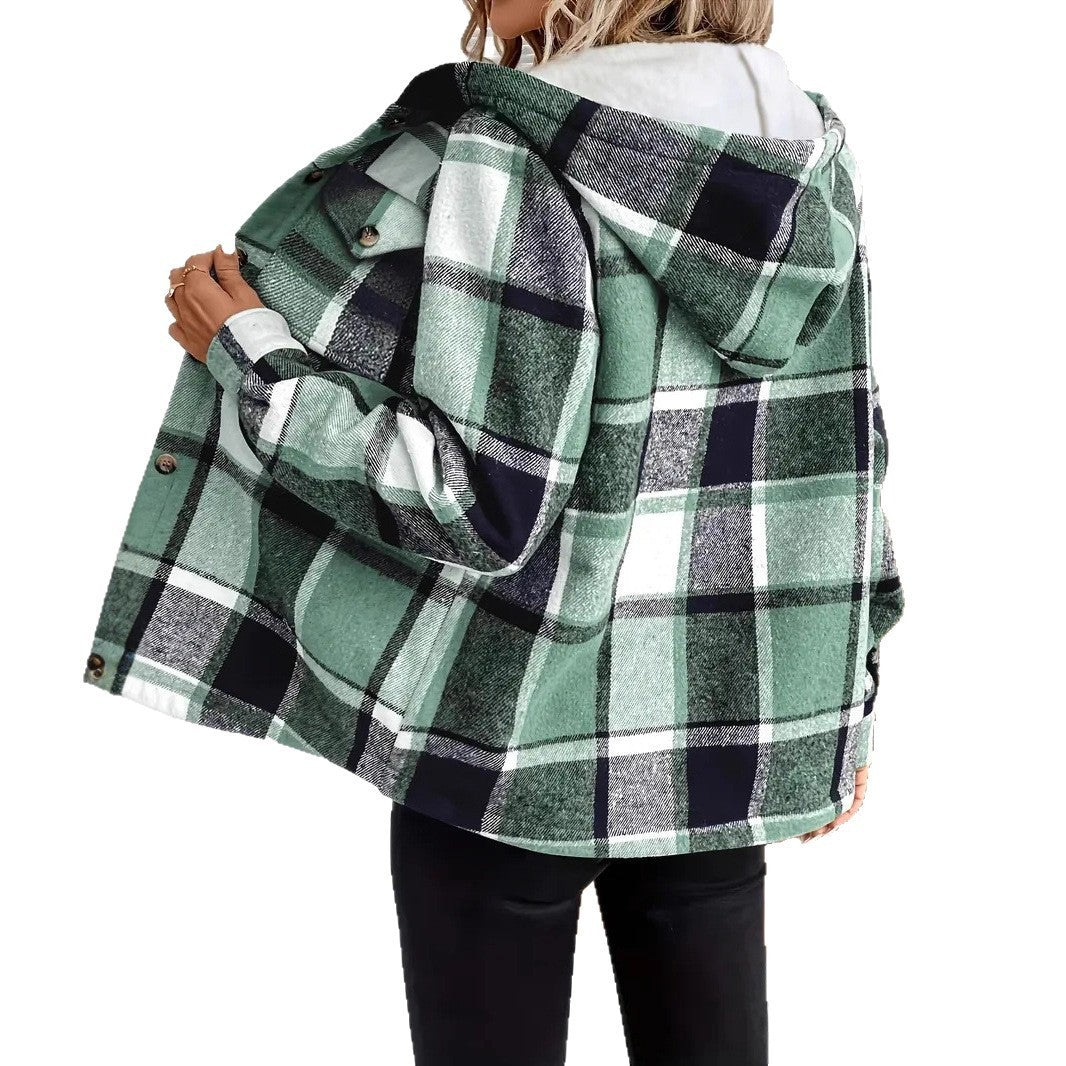Autumn And Winter Loose Long Sleeve Casual Plaid Hooded Jacket