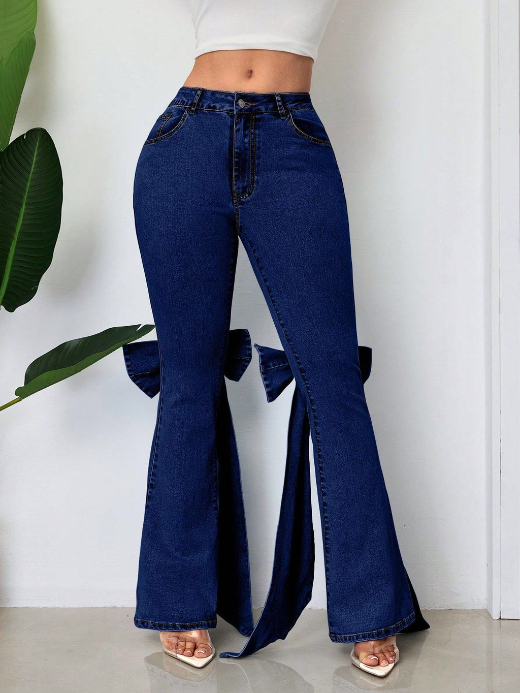 Three-dimensional Bow Slim-fit Mid-stretch Mop Horn Denim Trousers